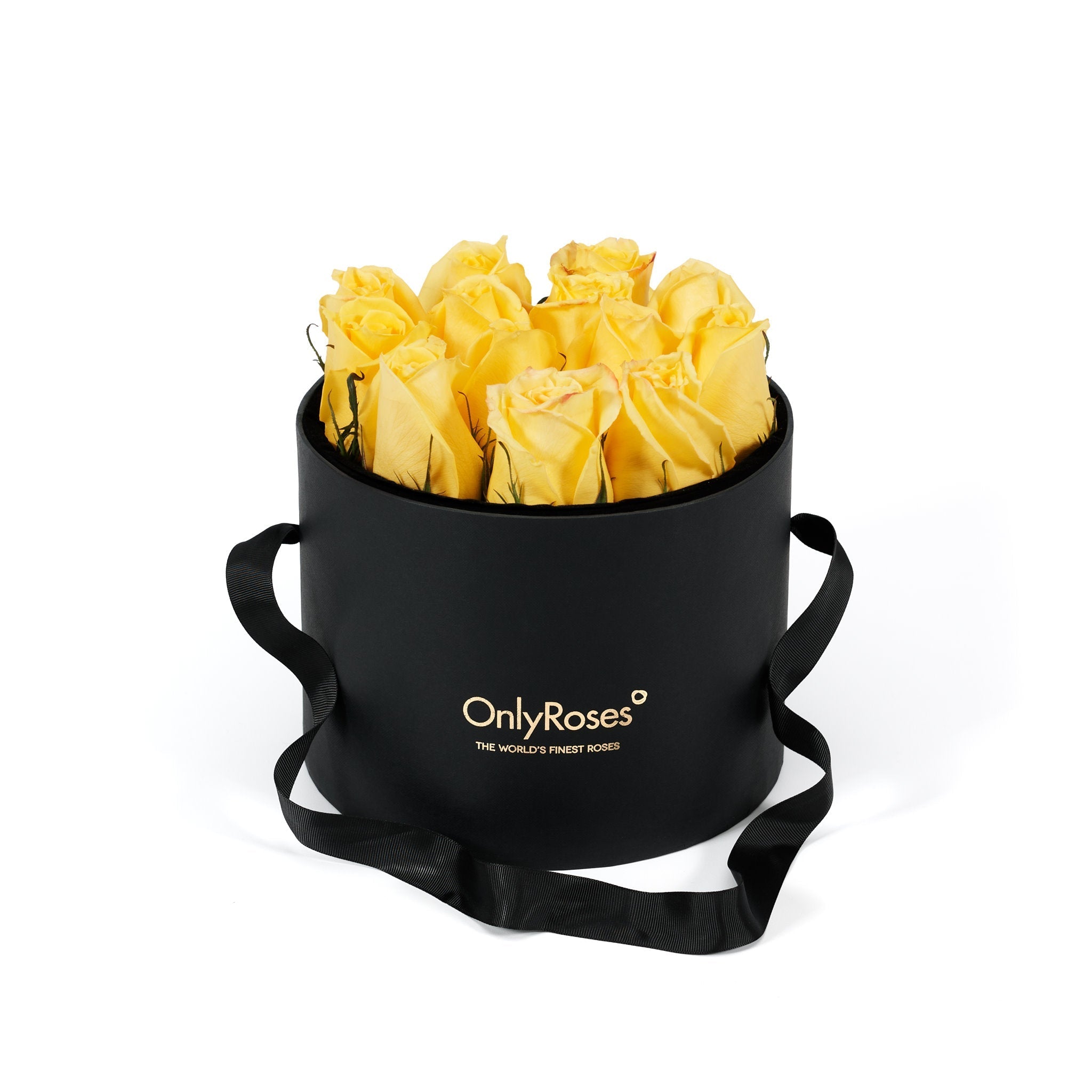 Black round box with yellow roses and 'Only Roses' branding on a white background