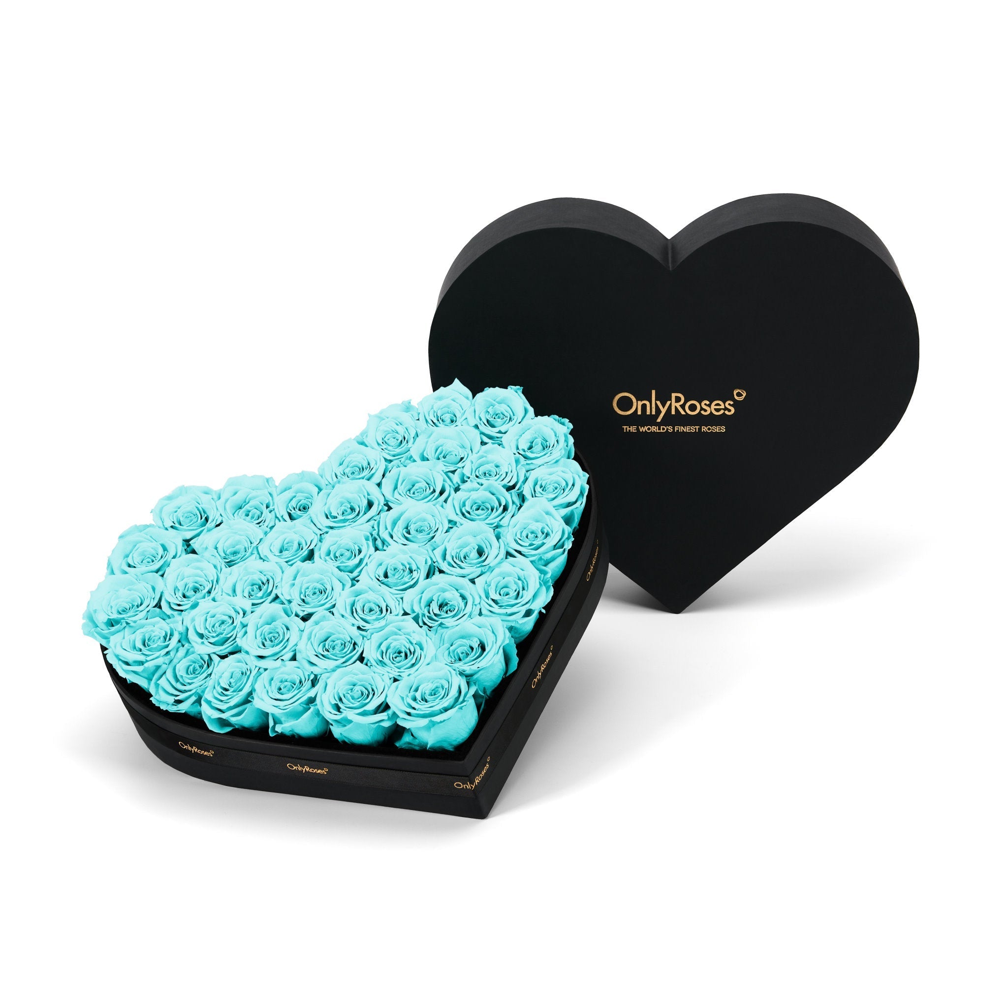 Heart-shaped box of blue roses with 'OnlyRoses' branding on a white background