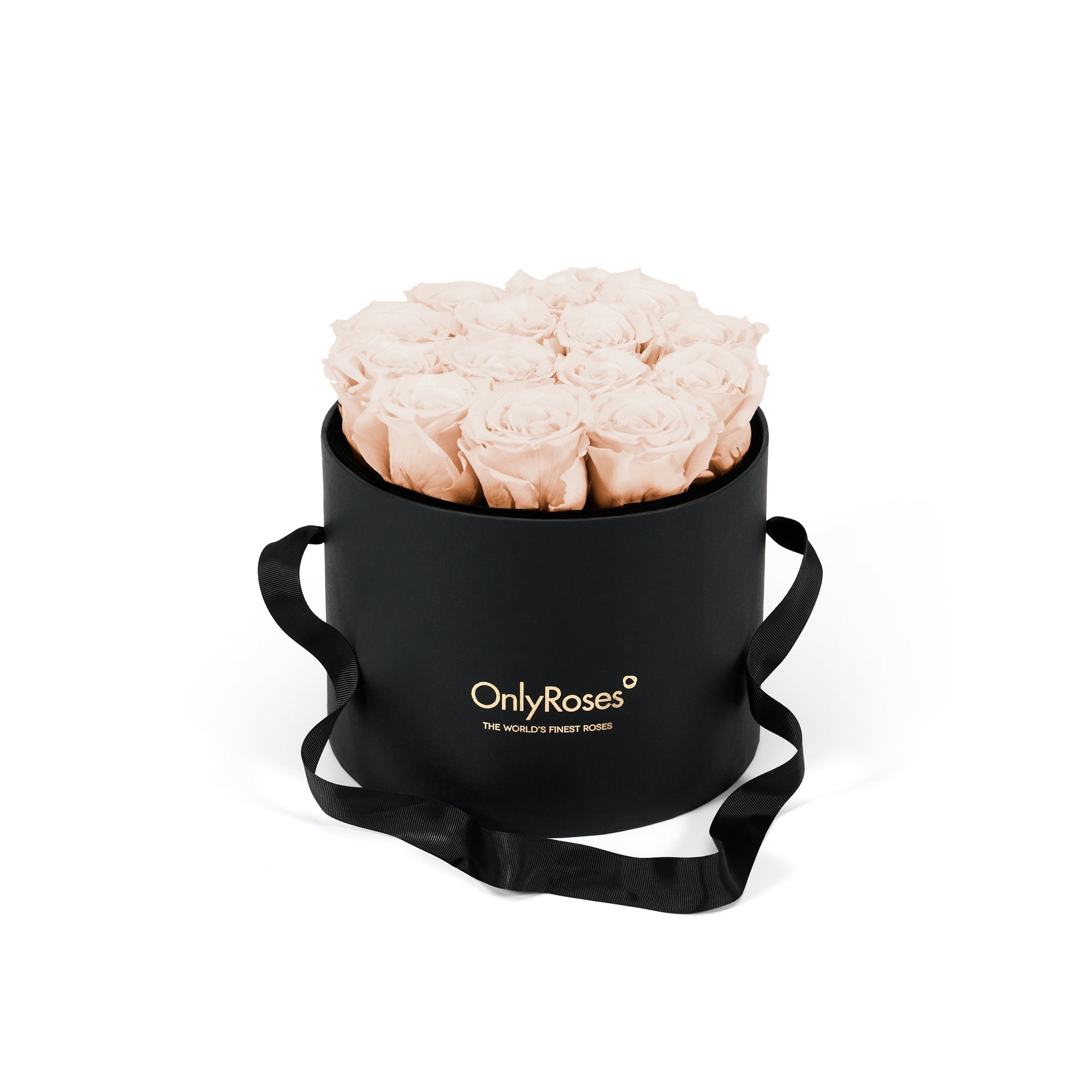 Black round box with beige roses and 'Only Roses' branding on a white background