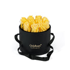 Black round box with yellow roses and 'Only Roses' branding on a white background